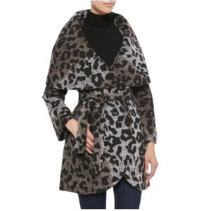 TAHARI |Women’s Marla Leopard Print Wrap Wool Oversized Shawl Collar Coat Size S